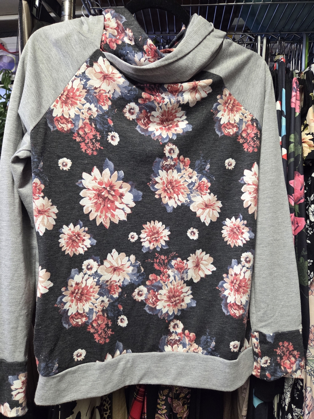 Sweet Claire Floral Cowl Sweatshirt - Charcoal, Pink & Cream